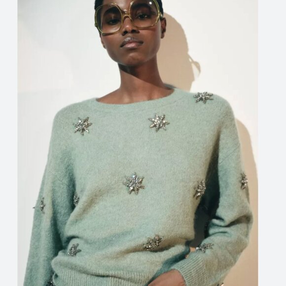 NWT Zara Mint Green Embellished Star Crystal Sweater Wool Blend Bloggers Fave - Picture 2 of 11